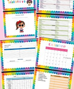Páginas de agenda coloridas con secciones que incluyen horarios, listas de tareas pendientes y un calendario. Cada página tiene un borde de arcoíris e incluye tablas para organizar tareas y fechas. La portada presenta personajes de dibujos animados.