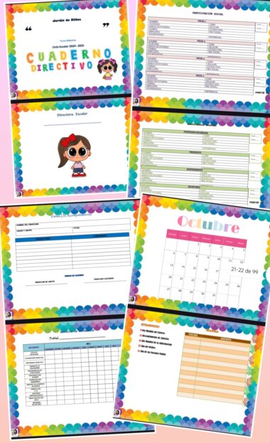 Páginas de agenda coloridas con secciones que incluyen horarios, listas de tareas pendientes y un calendario. Cada página tiene un borde de arcoíris e incluye tablas para organizar tareas y fechas. La portada presenta personajes de dibujos animados.