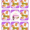 Una cuadrícula de nueve tarjetas moradas, cada una con ilustraciones de tres cachorros naranjas y la palabra 