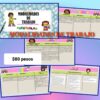 Material didáctico preescolar a todo color titulado "Modalidades de trabajo" con ilustraciones de dibujos animados de niños. El contenido incluye secciones sobre beneficios, espacio/materiales, definición y estructura. Precio publicado: $80 pesos.