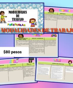 Material didáctico preescolar a todo color titulado "Modalidades de trabajo" con ilustraciones de dibujos animados de niños. El contenido incluye secciones sobre beneficios, espacio/materiales, definición y estructura. Precio publicado: $80 pesos.