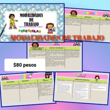 Material didáctico preescolar a todo color titulado "Modalidades de trabajo" con ilustraciones de dibujos animados de niños. El contenido incluye secciones sobre beneficios, espacio/materiales, definición y estructura. Precio publicado: $80 pesos.