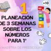 Gráfico educativo colorido que presenta un libro, una niña de dibujos animados apilando bloques de números (del 10 al 60) e íconos de manos que señalan. El texto dice "Planeación de 3 semanas sobre los números para 1°". Fondo: nubes rosas y violetas.