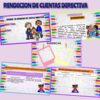 Collage con cinco secciones: título "Rendición de Cuentas Directiva", espacios para información del director y del grupo, introducción de bienvenida con niños de dibujos animados, sección de evidencias con marcos coloridos, tabla de progreso del comité y asuntos generales con ilustración de los niños.