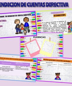 Collage con cinco secciones: título "Rendición de Cuentas Directiva", espacios para información del director y del grupo, introducción de bienvenida con niños de dibujos animados, sección de evidencias con marcos coloridos, tabla de progreso del comité y asuntos generales con ilustración de los niños.
