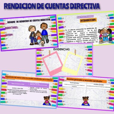 Collage con cinco secciones: título "Rendición de Cuentas Directiva", espacios para información del director y del grupo, introducción de bienvenida con niños de dibujos animados, sección de evidencias con marcos coloridos, tabla de progreso del comité y asuntos generales con ilustración de los niños.