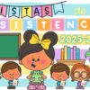 Colorida ilustración de una profesora con un lazo amarillo y cinco niños sonrientes con papeles en la mano, de pie delante de una pizarra y una estantería. El texto dice "Listas de Asistencia 2025-2026".