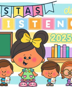 Colorida ilustración de una profesora con un lazo amarillo y cinco niños sonrientes con papeles en la mano, de pie delante de una pizarra y una estantería. El texto dice "Listas de Asistencia 2025-2026".