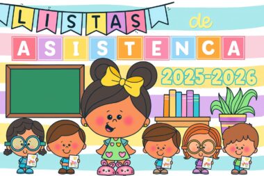Colorida ilustración de una profesora con un lazo amarillo y cinco niños sonrientes con papeles en la mano, de pie delante de una pizarra y una estantería. El texto dice "Listas de Asistencia 2025-2026".