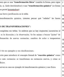 Captura de pantalla de un documento educativo en español en el que se describen actividades sobre los cambios físicos y químicos, incluyendo planes de sesión y una tabla para identificar los tipos de transformación. El texto está organizado en secciones con instrucciones numeradas.