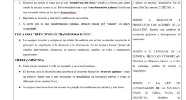 Captura de pantalla de un documento educativo en español en el que se describen actividades sobre los cambios físicos y químicos, incluyendo planes de sesión y una tabla para identificar los tipos de transformación. El texto está organizado en secciones con instrucciones numeradas.