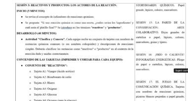Captura de pantalla de un plan de clase en español titulado "SESIÓN 3: REACTIVOS Y PRODUCTOS: LOS ACTORES DE LA REACCIÓN". El texto detalla los objetivos, las actividades y los materiales necesarios para una sesión de ciencias en el aula.