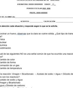 Hoja de ejercicios de ciencias en español con preguntas sobre los cambios físicos y químicos. El texto incluye opciones de respuesta múltiple, espacios para el nombre del alumno, la fecha y la puntuación, y títulos subrayados.