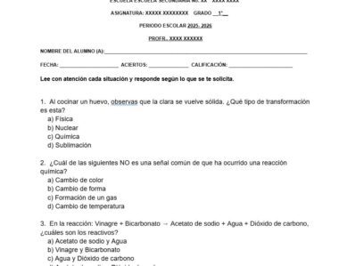Hoja de ejercicios de ciencias en español con preguntas sobre los cambios físicos y químicos. El texto incluye opciones de respuesta múltiple, espacios para el nombre del alumno, la fecha y la puntuación, y títulos subrayados.