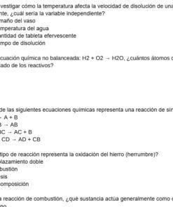 Un cuestionario de ciencias de opción múltiple en español con preguntas sobre reacciones químicas, velocidad de disolución y combustión, numeradas del 7 al 11. Cada pregunta tiene cuatro opciones de respuesta etiquetadas de la a) a la d).
