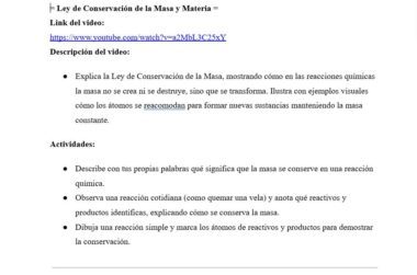 Captura de pantalla de una lección de ciencias en español sobre la Ley de Conservación de la Masa, que incluye un enlace a YouTube, una descripción de la ley y tres actividades para que los alumnos exploren las reacciones químicas y la conservación de la masa.