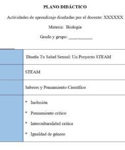 Sección de una plantilla de plan de lección para una clase de biología. Enumera el nombre del proyecto, la metodología (STEAM), el ámbito educativo y temas clave como la inclusión, el pensamiento crítico y la igualdad de género.