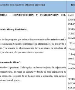 Un plan de clase en español describe actividades y recursos para explorar el tema de la salud sexual y reproductiva, incluidos mitos y realidades, con pasos para el debate en grupo y actividades basadas en tarjetas.