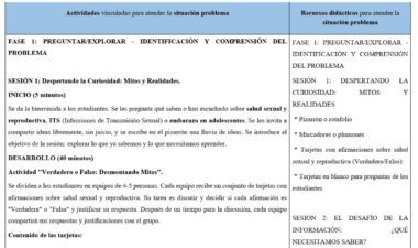 Un plan de clase en español describe actividades y recursos para explorar el tema de la salud sexual y reproductiva, incluidos mitos y realidades, con pasos para el debate en grupo y actividades basadas en tarjetas.