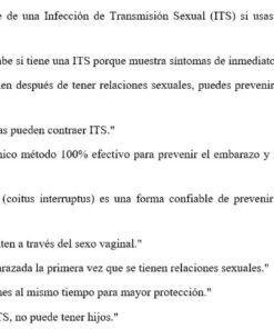 En una lista aparecen varias tarjetas en español, cada una con información y conceptos erróneos sobre las infecciones de transmisión sexual, la prevención de embarazos y la salud sexual.