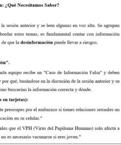 Guía de actividades para el aula en español sobre la desinformación y los métodos anticonceptivos, que incluye secciones sobre el debate de la información falsa, ejemplos de casos de desinformación y métodos anticonceptivos con instrucciones para la sesión.