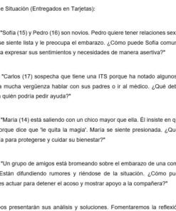 Un documento en español enumera cuatro dilemas de relación o salud a los que se enfrentan los adolescentes, cada uno de ellos relacionado con cuestiones como el sexo, las ITS, los embarazos no deseados y el bienestar emocional, seguido de instrucciones para el debate en equipo.