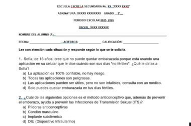 Una hoja de trabajo escolar en español pide a los alumnos que respondan a preguntas sobre salud reproductiva, incluidos los días seguros para el embarazo y las formas de prevenir las infecciones de transmisión sexual. Hay espacios en blanco para la información de los alumnos.
