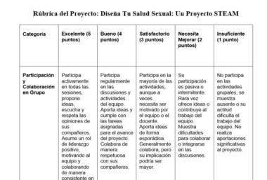 Rubrica de evaluación en tabla para proyectos STEAM, con criterios y descripciones para "Participación y Colaboración en Grupo" en cinco niveles: Excelente, Bueno, Satisfactorio, Necesita Mejorar e Insuficiente.