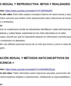 Captura de pantalla de un documento en el que se enumeran dos temas de vídeos educativos en YouTube: mitos sobre la salud sexual y reproductiva, y educación sexual con métodos anticonceptivos para adolescentes, con descripciones y actividades relacionadas.