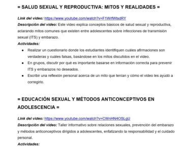 Captura de pantalla de un documento en el que se enumeran dos temas de vídeos educativos en YouTube: mitos sobre la salud sexual y reproductiva, y educación sexual con métodos anticonceptivos para adolescentes, con descripciones y actividades relacionadas.