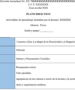 Una plantilla de plan de clase para una clase de física, con una lista de campos para el proyecto, metodología, campo educativo y marcos de aprendizaje. El proyecto explora la electricidad y el magnetismo utilizando STEAM y el pensamiento científico.