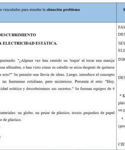 Plan de clase en español sobre la electricidad estática. El documento está dividido en dos columnas en las que se detallan actividades de exploración y descubrimiento, que incluyen una introducción, una lista de materiales, instrucciones y tareas en equipo.