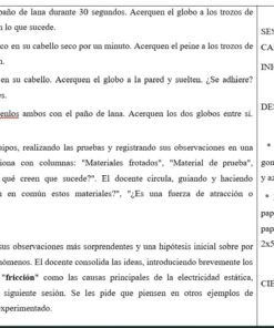 Captura de pantalla de un plan de clase de ciencias que describe un experimento con globos, lana y plástico para enseñar electricidad estática. Se ven las instrucciones, las palabras resaltadas y las secciones sobre las actividades de clase y los tiempos.