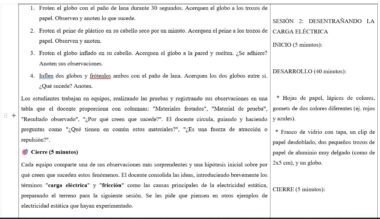 Captura de pantalla de un plan de clase de ciencias que describe un experimento con globos, lana y plástico para enseñar electricidad estática. Se ven las instrucciones, las palabras resaltadas y las secciones sobre las actividades de clase y los tiempos.