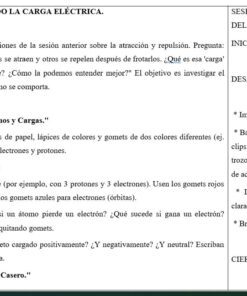 Captura de pantalla de un plan de clase en español. Detalla dos sesiones de ciencias: una sobre carga eléctrica, que incluye actividades sobre átomos y cargas, y otra sobre magnetismo, con una lista de actividades de clase y preguntas clave.