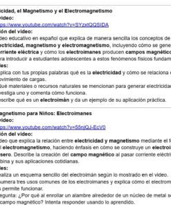 Captura de pantalla de un documento educativo en español sobre electricidad y magnetismo con enlaces a vídeos de YouTube, descripciones y actividades sugeridas para los estudiantes sobre electromagnetismo y circuitos eléctricos.