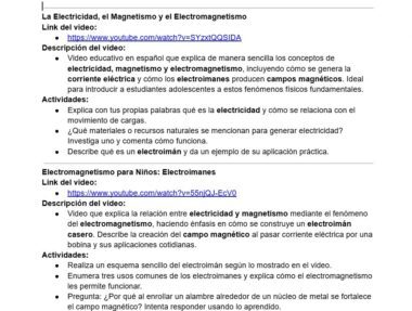 Captura de pantalla de un documento educativo en español sobre electricidad y magnetismo con enlaces a vídeos de YouTube, descripciones y actividades sugeridas para los estudiantes sobre electromagnetismo y circuitos eléctricos.