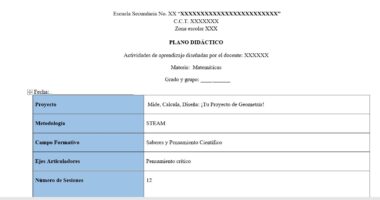 Plantilla de plan didáctico en español para una clase de matemáticas. Las secciones incluyen el nombre del proyecto, la metodología (STEAM), el campo de aprendizaje, los componentes clave, el pensamiento crítico y el número de sesiones (12). Algunos campos y datos de cabecera están en blanco.