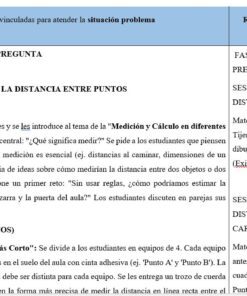 Captura de pantalla de una tabla con dos columnas en español. En la de la izquierda se detallan las actividades de clase sobre la exploración de la distancia entre puntos, mientras que en la de la derecha se enumeran los recursos educativos correspondientes y los pasos para la investigación del problema.