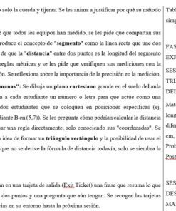 Hoja de ejercicios en español con instrucciones de texto numeradas sobre triángulos, coordenadas y el Teorema de Pitágoras; las columnas dividen la página y algunas palabras aparecen resaltadas en negrita o rojo.