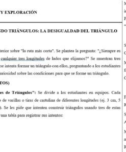 Captura de pantalla de un plan de clase en español. Incluye los títulos de las sesiones, las instrucciones de la actividad sobre la construcción de triángulos, los materiales necesarios, como palos y reglas, y secciones sobre el área, el perímetro y la reflexión arquitectónica.