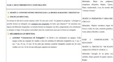 Captura de pantalla de un plan de clase en español. Incluye los títulos de las sesiones, las instrucciones de la actividad sobre la construcción de triángulos, los materiales necesarios, como palos y reglas, y secciones sobre el área, el perímetro y la reflexión arquitectónica.