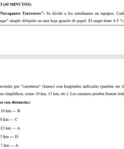 Captura de pantalla de una guía de actividades en español que describe un ejercicio de cartografía en grupo. La guía incluye un mapa de ejemplo con puntos etiquetados A-E y distancias de muestra entre ellos, conectados por líneas.