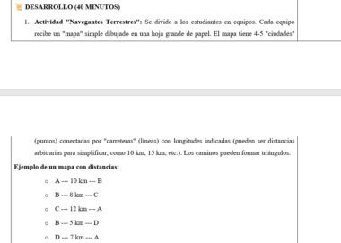 Captura de pantalla de una guía de actividades en español que describe un ejercicio de cartografía en grupo. La guía incluye un mapa de ejemplo con puntos etiquetados A-E y distancias de muestra entre ellos, conectados por líneas.