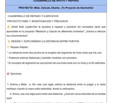 Hoja de ejercicios en español con encabezamientos azules y amarillos, titulada "CUADERNILLO DE APOYO Y REPASO". Presenta un texto sobre la medición de distancias entre puntos, que incluye consejos para repasar y ejercicios matemáticos de ejemplo.