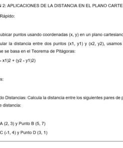 Captura de pantalla de una lección en español sobre la distancia en el plano cartesiano. Incluye un repaso rápido de la fórmula de la distancia, un ejemplo de fórmula y un ejercicio en el que se pide calcular distancias entre tres puntos.