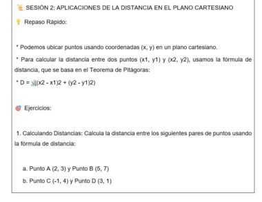 Captura de pantalla de una lección en español sobre la distancia en el plano cartesiano. Incluye un repaso rápido de la fórmula de la distancia, un ejemplo de fórmula y un ejercicio en el que se pide calcular distancias entre tres puntos.