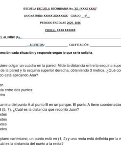 Hoja de ejercicios de matemáticas en español para estudiantes de secundaria con preguntas sobre distancia, puntos y coordenadas. El formulario incluye campos para el nombre del alumno, la fecha y el curso, y se pueden ver tres problemas de matemáticas.