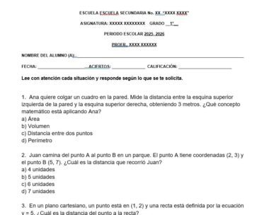 Hoja de ejercicios de matemáticas en español para estudiantes de secundaria con preguntas sobre distancia, puntos y coordenadas. El formulario incluye campos para el nombre del alumno, la fecha y el curso, y se pueden ver tres problemas de matemáticas.