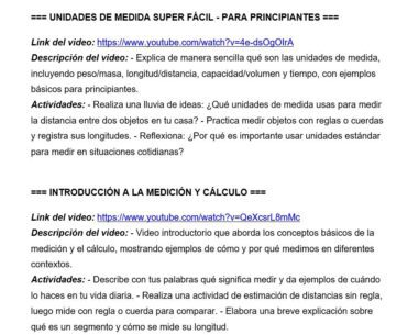 Captura de pantalla de un texto en español que describe dos vídeos educativos de YouTube sobre unidades de medida e introducción a la medición y el cálculo, incluyendo enlaces a los vídeos, descripciones y actividades sugeridas para principiantes.